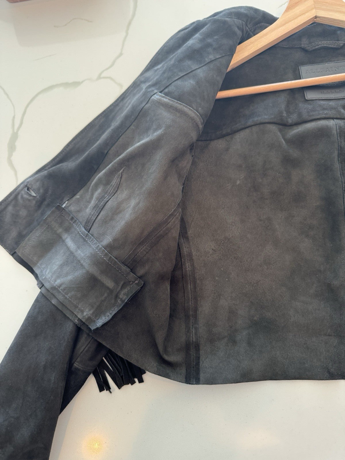 AllSaints Corinna Embellished Fringe Black Suede Cropped Jacket Sz 10 $829