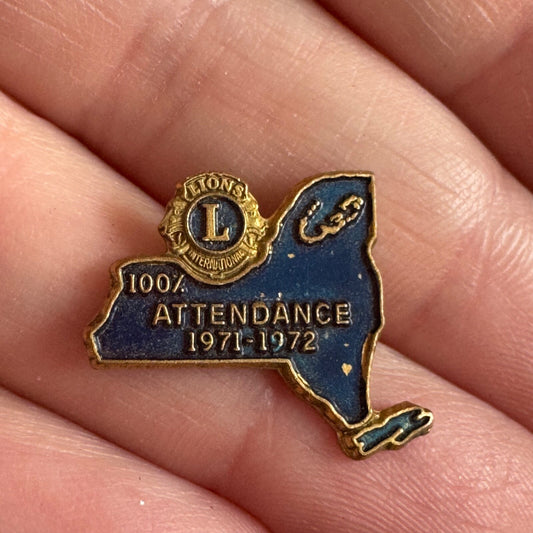 Vintage 1971-1972 Lions Club 100% Attendance New York State Lapel Pin 