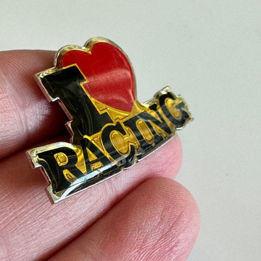 Vintage I Love Racing Pin – Red Heart and Black Text Enamel Lapel Badge