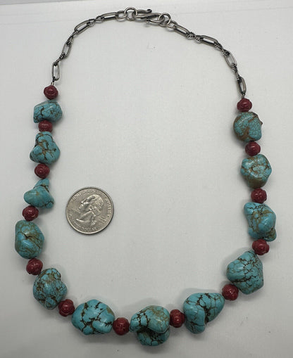 925 STERLING SILVER BLUE TURQUOISE AND RED CORAL NECKLACE