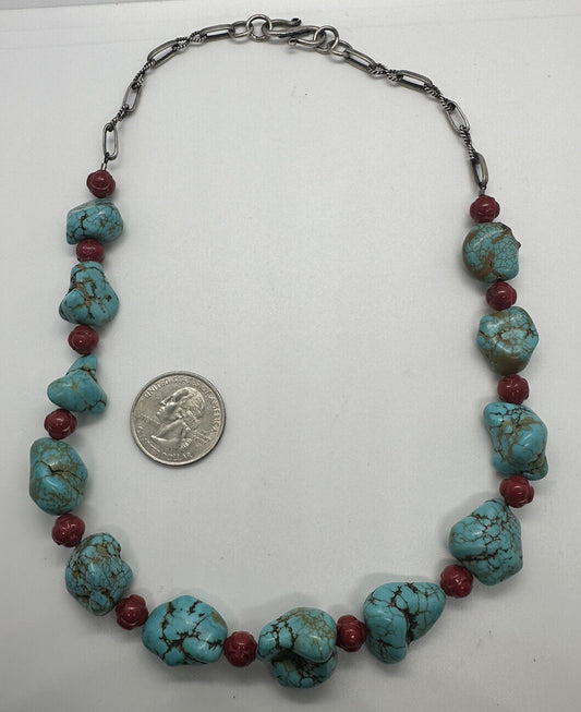 925 STERLING SILVER BLUE TURQUOISE AND RED CORAL NECKLACE