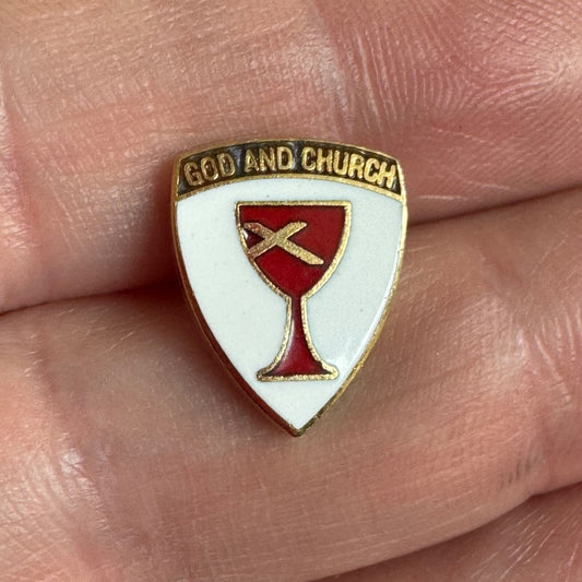 "God and Church" Chalice Shield Pin Tie Tack  – Red Cup and Cross Design