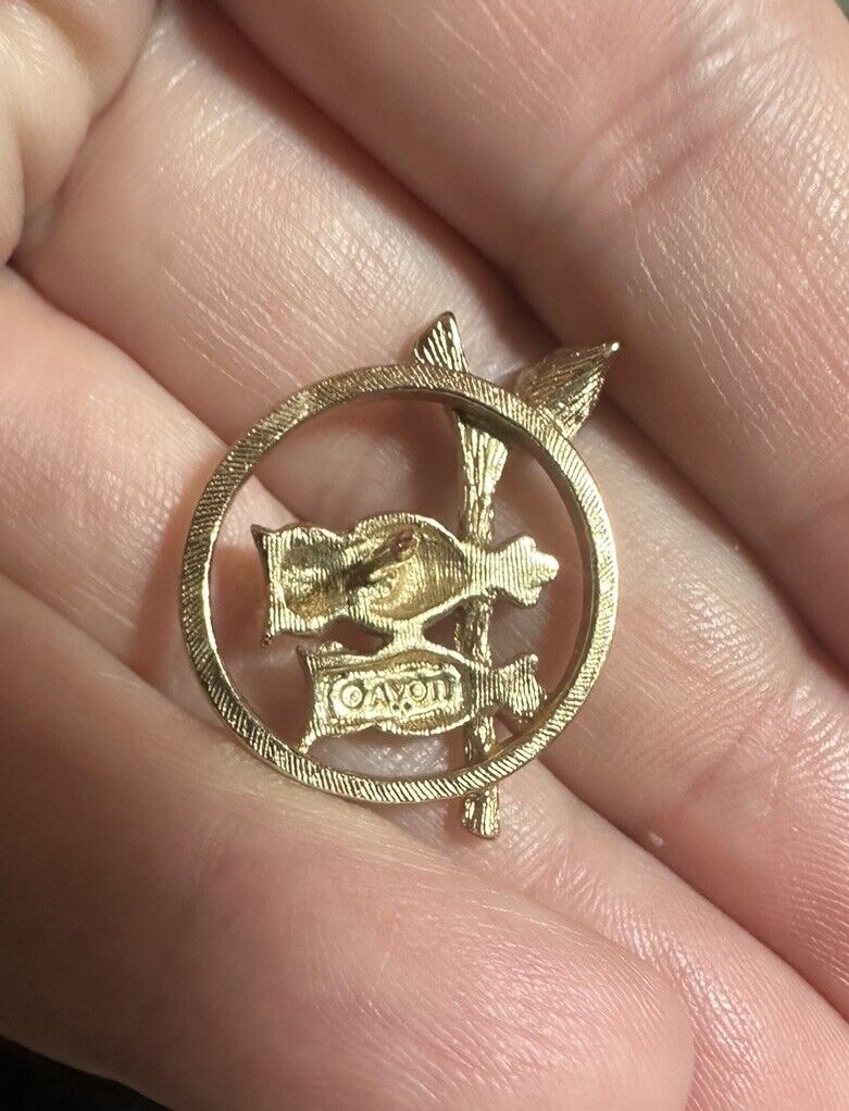 Avon Small 3/4 Inch Gold Tone Openwork Double Owl Bird On A Branch Lapel Pin
