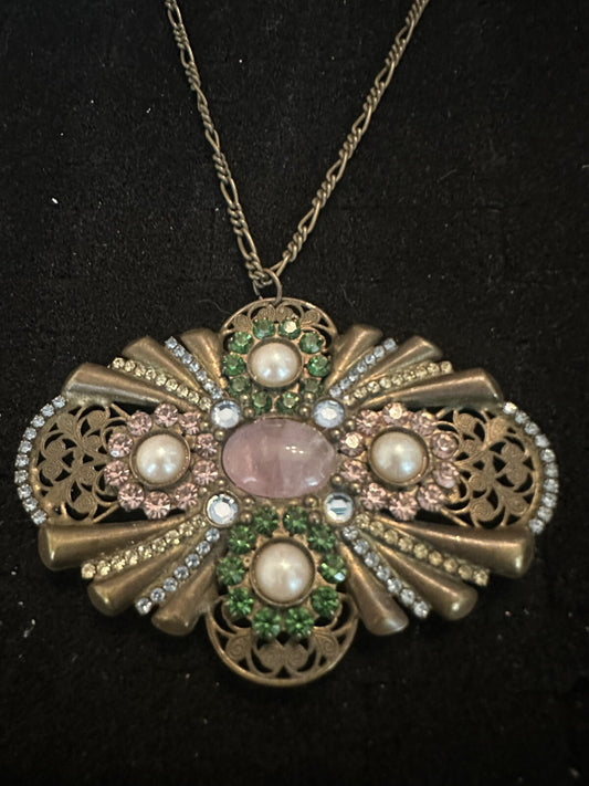 VINTAGE SORRELLI RHINESTONE ART DECO STATEMENT BROOCH CONVERTIBLE TO NECKLACE