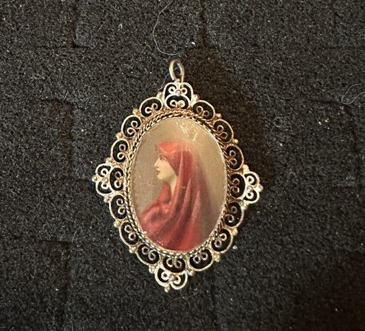 Antique Italian 800 Silver Saint Fabiola Hand Painted Portrait Pendant St. St
