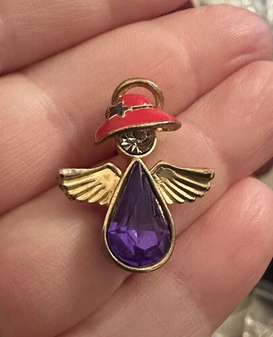 Fun Red Hat Angel Brooch Clutch Pin Enamel Purple Teardrop Rhinestone Society