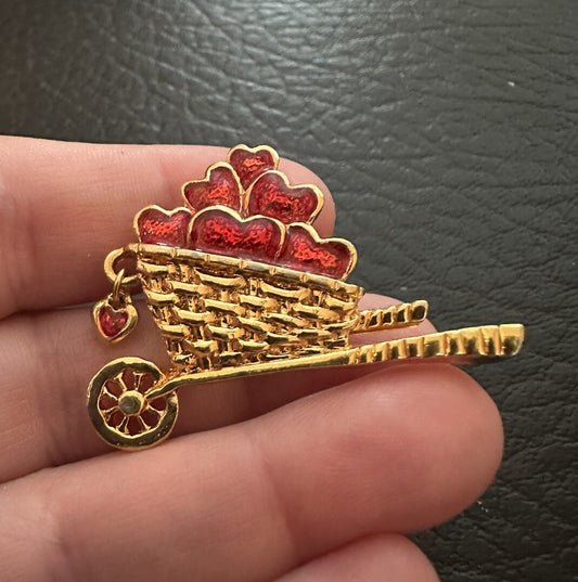 Vtg Avon Gold Tone Valentines Day Wheelbarrow Basket of Hearts Lapel Tac Pin