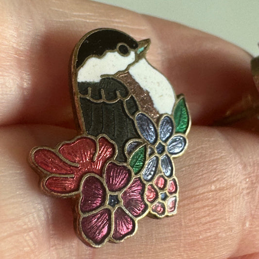 Vintage Cloisonne Bird Earrings with Flowers Pierced