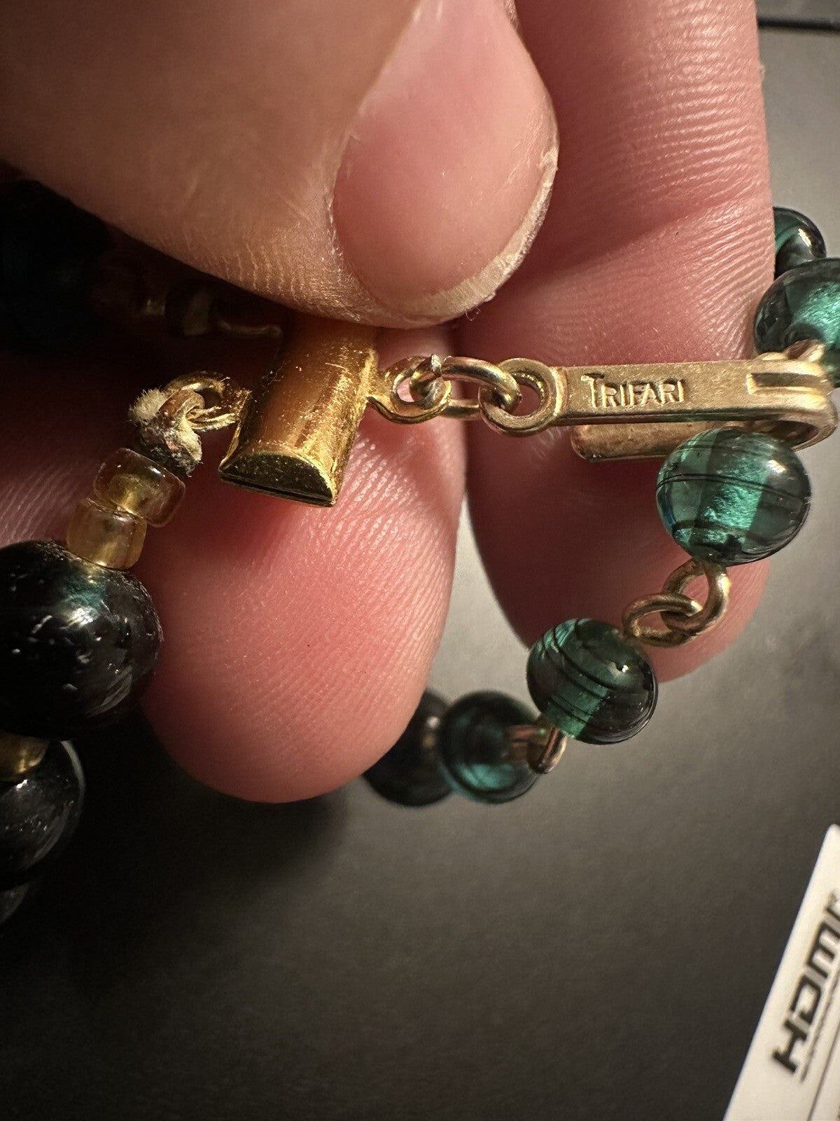 Signed Crown TRIFARI Vintage Green & Gold Multistrand Two 2 Strand Bead Necklace