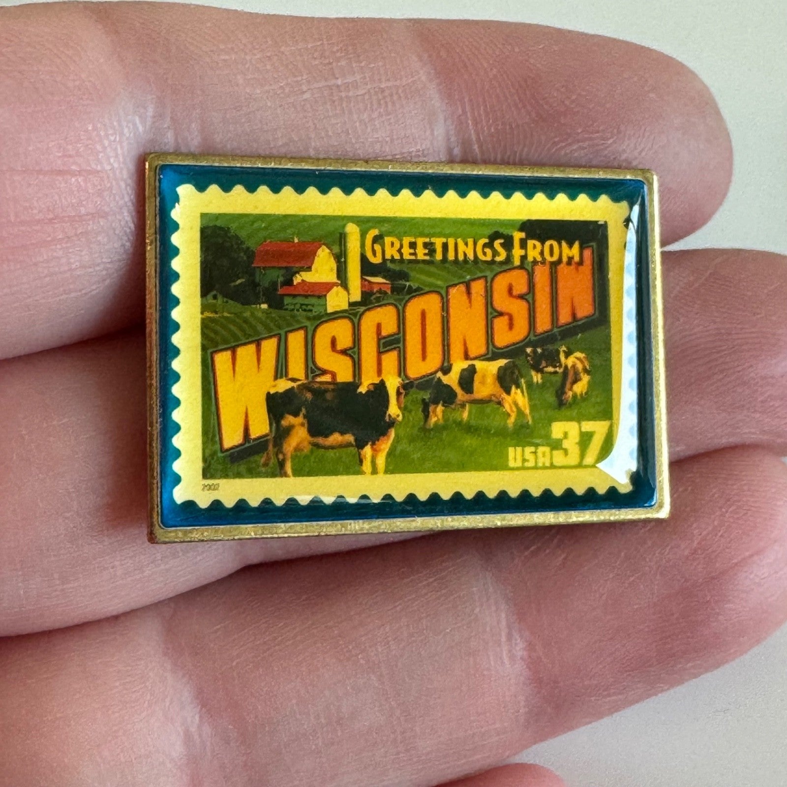 Vintage Wisconsin Stamp Lapel Pin – Greetings From 37¢ Cow Farm Scene