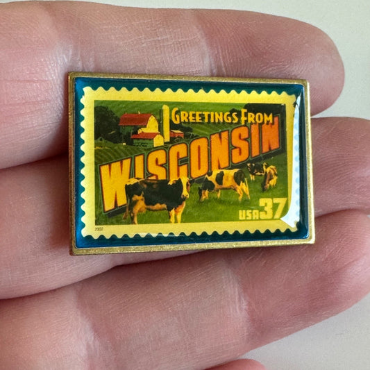 Vintage Wisconsin Stamp Lapel Pin – Greetings From 37¢ Cow Farm Scene