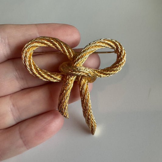 Vintage Christian Dior Gold Tone Bow Brooch – Textured Rope Style Pin
