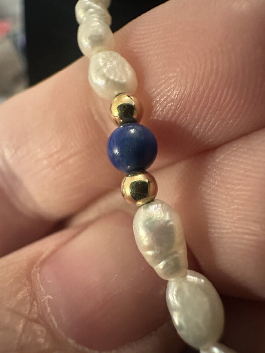 AUTHENTIC SIGNED 14KT & FRESHWATER PEARL LAPIS STATIONS NECKLACE 18.5”