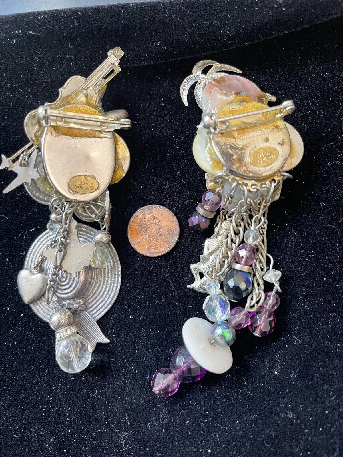2 Vintage Lisa Carlson Brooches Pins AB Rhinestones Pearls As Is