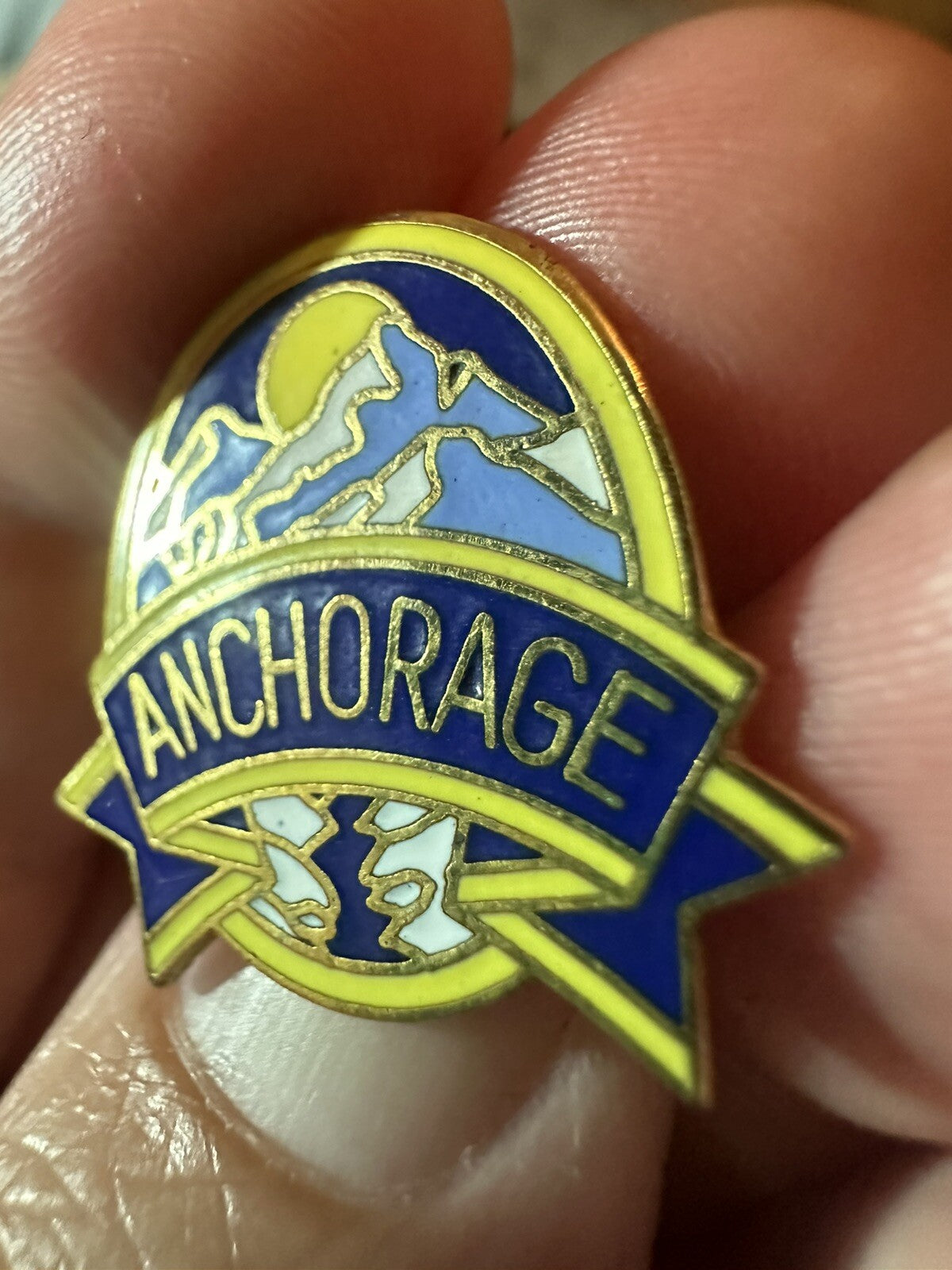 Anchorage Alaska Travel Souvenir Pin Blue & Gold Colors Chugach