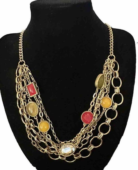 Ann Taylor LOFT 6-Strand Gold Link Crystal Statement Necklace 24” Adjustable
