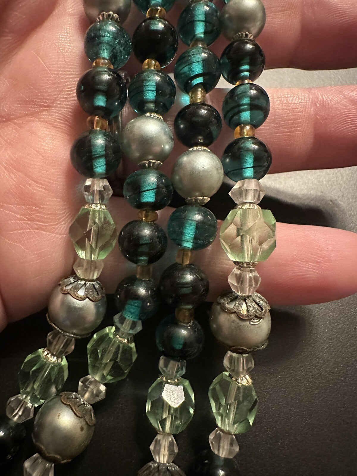 Signed Crown TRIFARI Vintage Green & Gold Multistrand Two 2 Strand Bead Necklace
