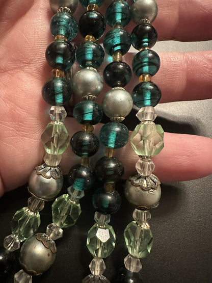 Signed Crown TRIFARI Vintage Green & Gold Multistrand Two 2 Strand Bead Necklace