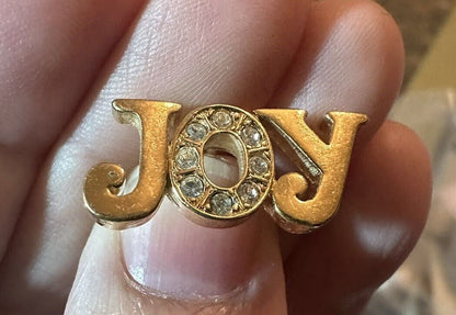 Vintage Avon Joy Lettering Gold Tone W/ Rhinestones Lapel Pin Tie Tack EUC