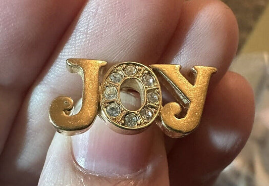 Vintage Avon Joy Lettering Gold Tone W/ Rhinestones Lapel Pin Tie Tack EUC