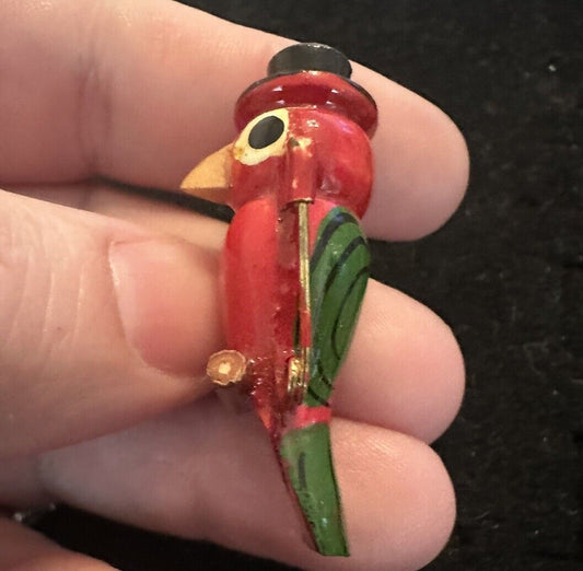 Antique Red Perched Parrot In A Top Hat - Wooden Painted Pin Bird Brooch
