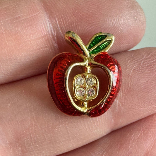 Red Apple Pin Tie Tack Brooch with Rhinestones – Enamel Fruit Pin