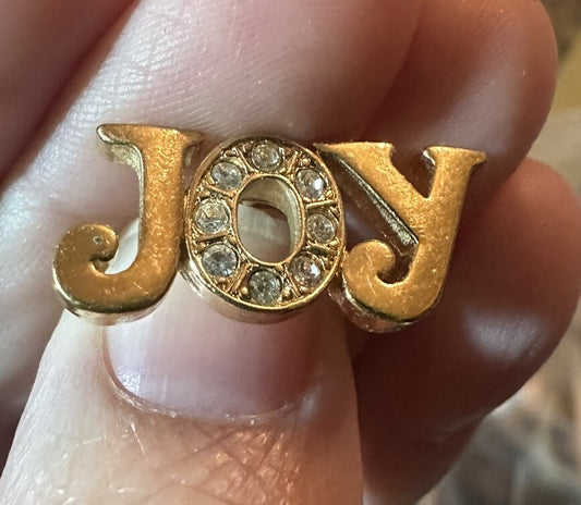 Vintage Avon Joy Lettering Gold Tone W/ Rhinestones Lapel Pin Tie Tack EUC