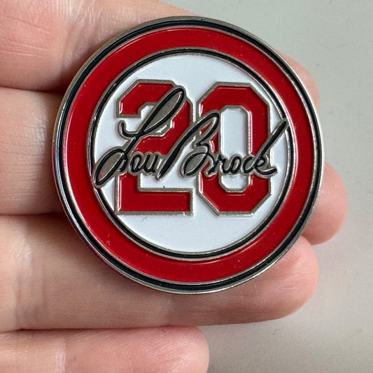 Vintage Lou Brock #20 Jersey Tribute Pin – Red & White Circle MLB Badge
