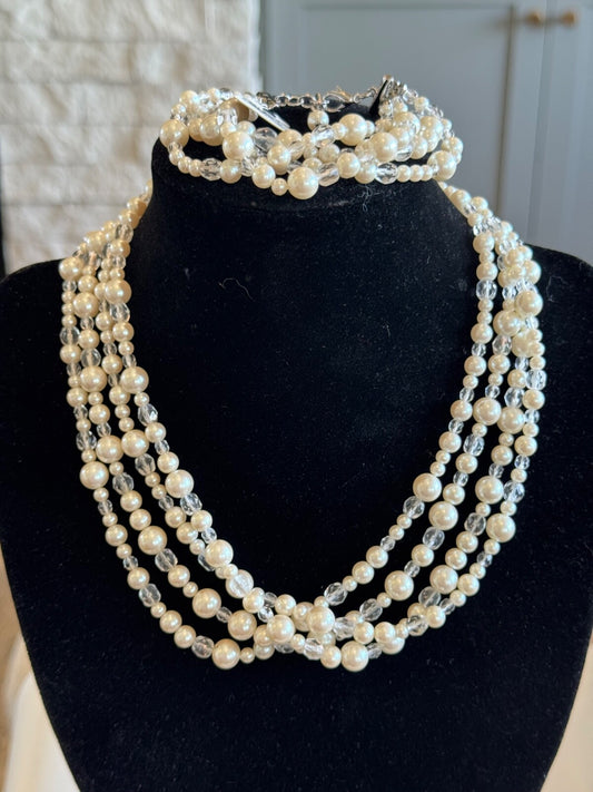 Ann Taylor Four-Strand Pearl and Crystal 20" Necklace and 8.5" Bracelet Set