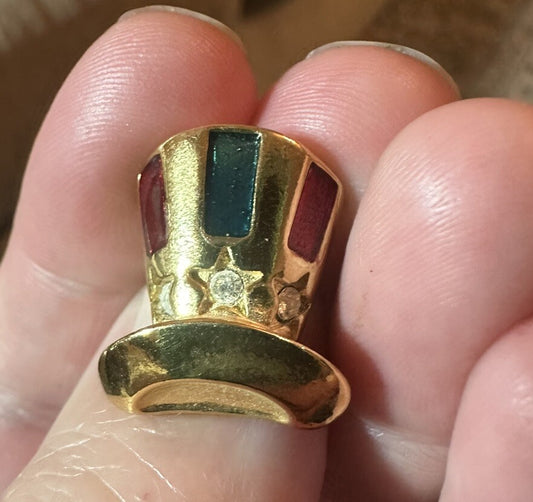 Vintage Avon Patriotic Uncle Sam Hat Red Blue Gold Rhinestone Pin United States