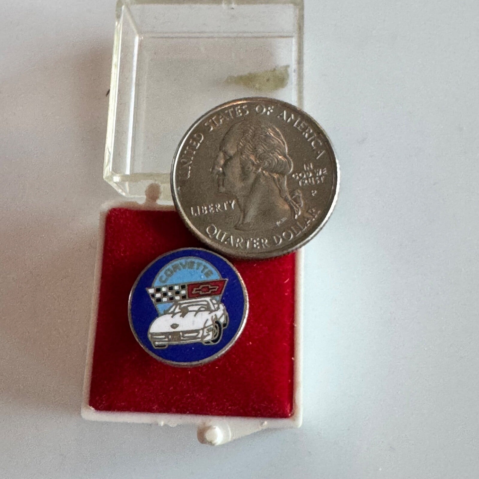 Vtg Chevrolet Corvette Racing Pin Tie Tack – Vette with Flags in Original Box