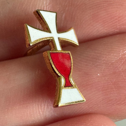 Vtg First Holy Communion Chalice and Cross Pin – White & Red Enamel Faith Emblem