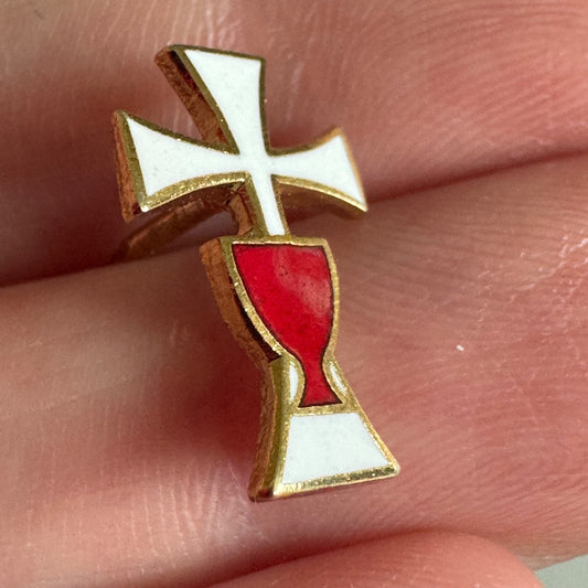 Vtg First Holy Communion Chalice and Cross Pin – White & Red Enamel Faith Emblem
