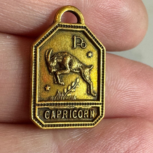 Vintage 1930s-1940s Zodiac Brass Charm CAPRICORN Gold Tone Astrology NOS
