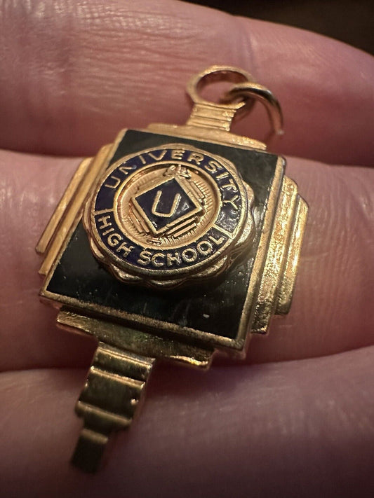 VINTAGE KEY CHARM: UNIVERSITY HIGH SCHOOL FOB GOLD TONE