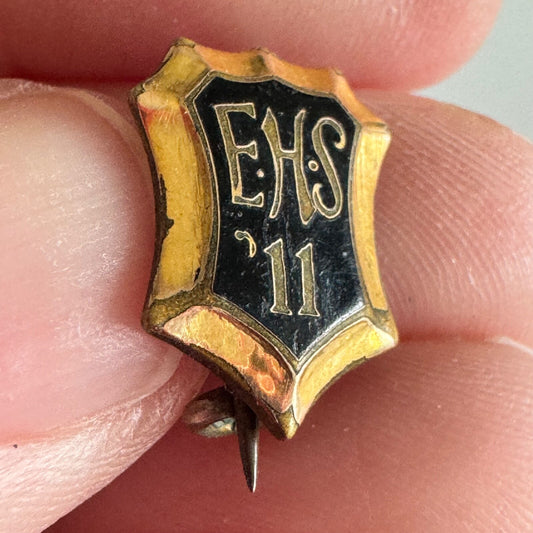 Antique 1911 EHS High School ’11 Pin – Black & Gold Shield Lapel Badge