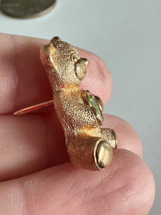 Vintage Avon Birthstone Gold-Tone Bear Pin Tie, Lapel, Hat - Peridot August