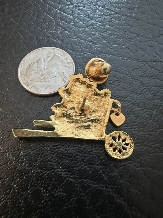 Vtg Avon Gold Tone Valentines Day Wheelbarrow Basket of Hearts Lapel Tac Pin