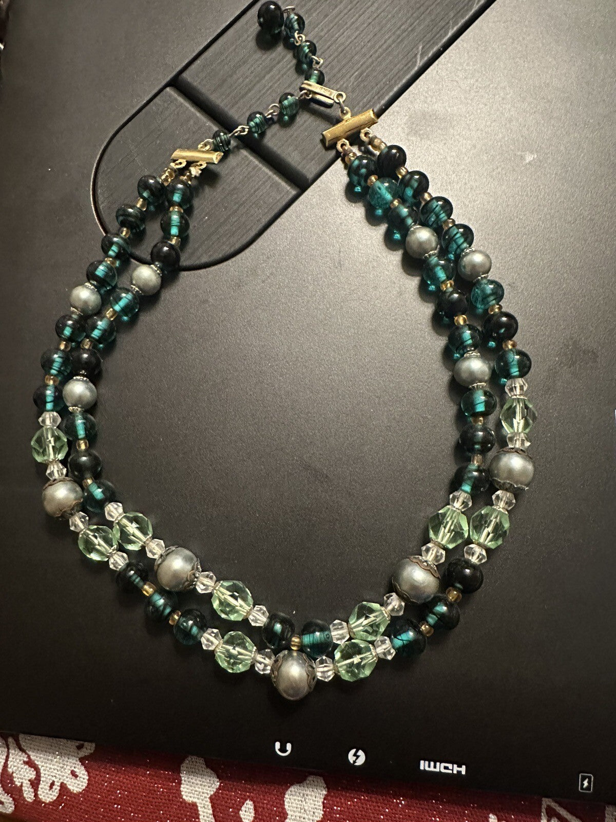 Signed Crown TRIFARI Vintage Green & Gold Multistrand Two 2 Strand Bead Necklace