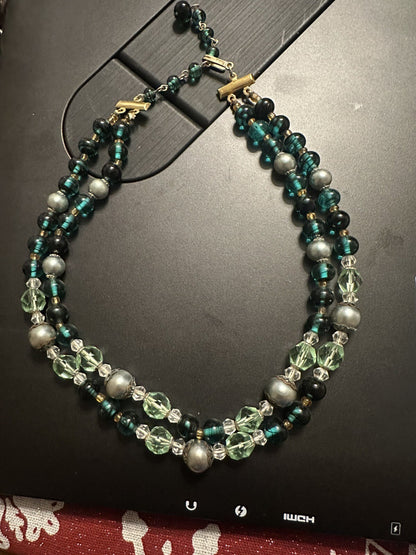 Signed Crown TRIFARI Vintage Green & Gold Multistrand Two 2 Strand Bead Necklace