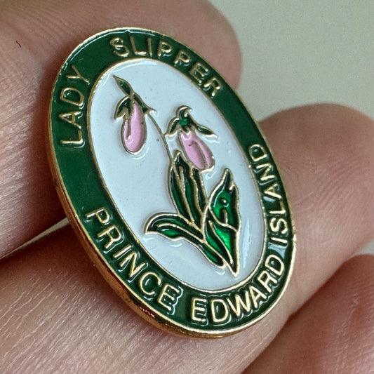 Vtg Prince Edward Island Lady Slipper Flower Enamel Lapel Souvenir Pin