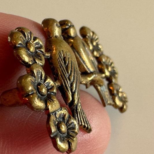 Antique Brass Toned Lovebirds Forget-Me-Nots Brooch Pin