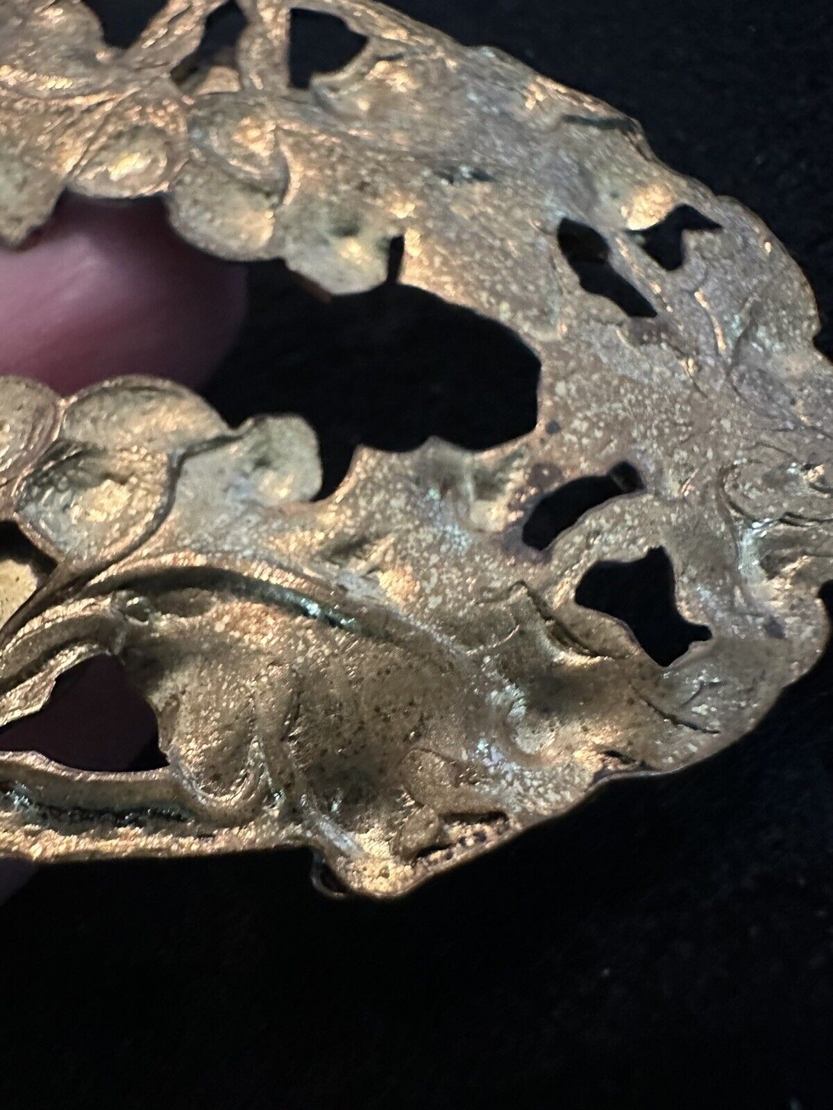Antique Art Nouveau Ivy Leaf Brass Fur Clip Dress Clip Brooch Black Glass