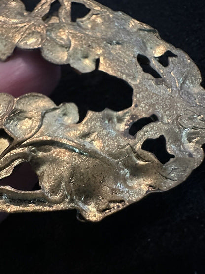 Antique Art Nouveau Ivy Leaf Brass Fur Clip Dress Clip Brooch Black Glass