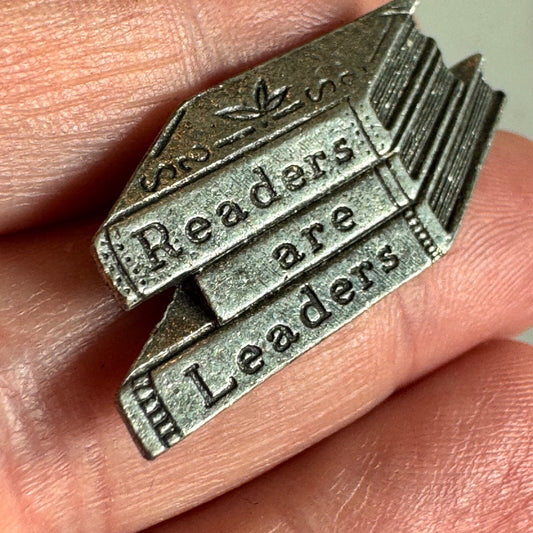 “Readers Are Leaders” Stack of Books Pewter Pin – Inspiring Literacy Lapel