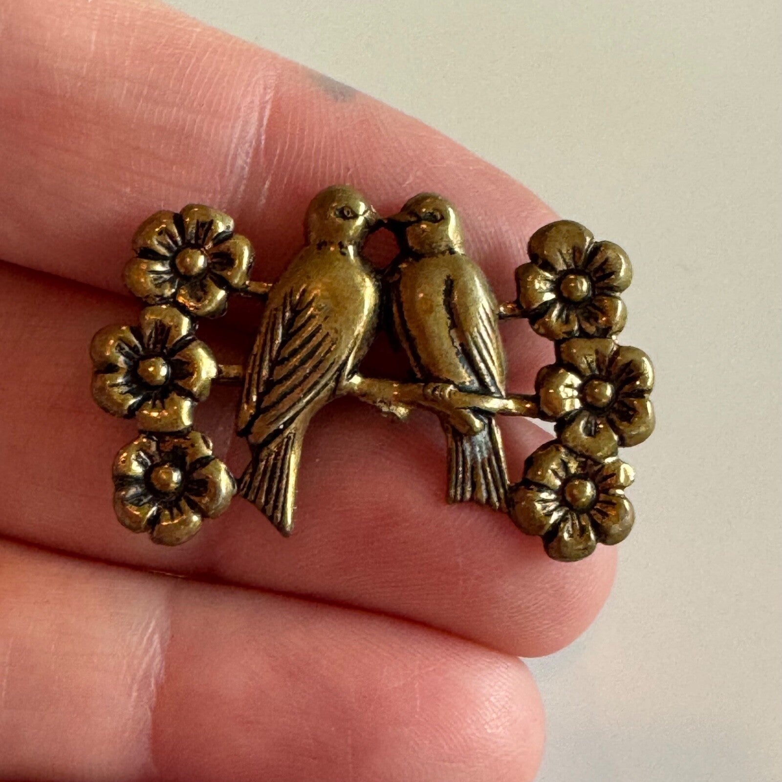 Antique Brass Toned Lovebirds Forget-Me-Nots Brooch Pin