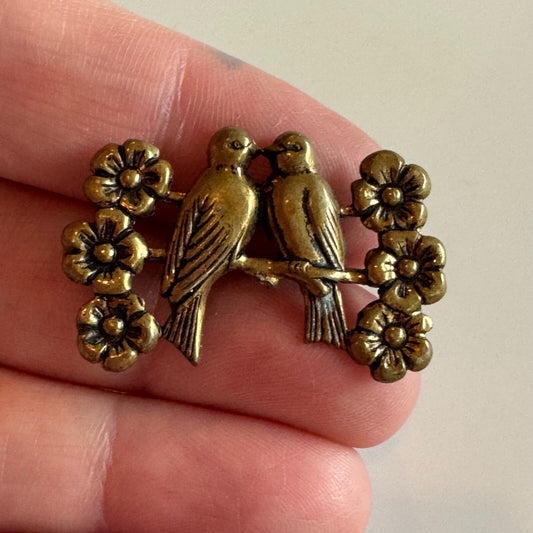 Antique Brass Toned Lovebirds Forget-Me-Nots Brooch Pin