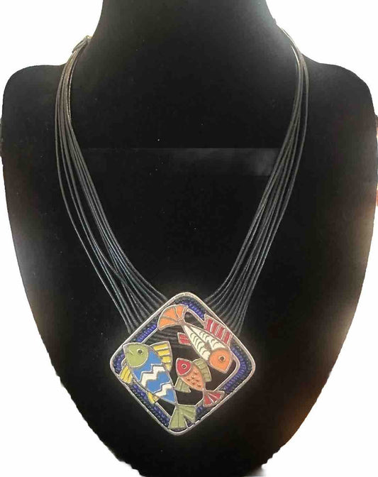 Chico’s Leather Enamel Beaded Multicolored Fish Necklace Adjustable Chicos