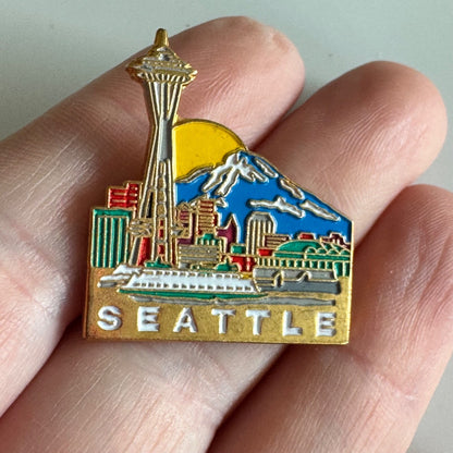Vintage Seattle Skyline Pin – Space Needle & Mt. Rainier Scene