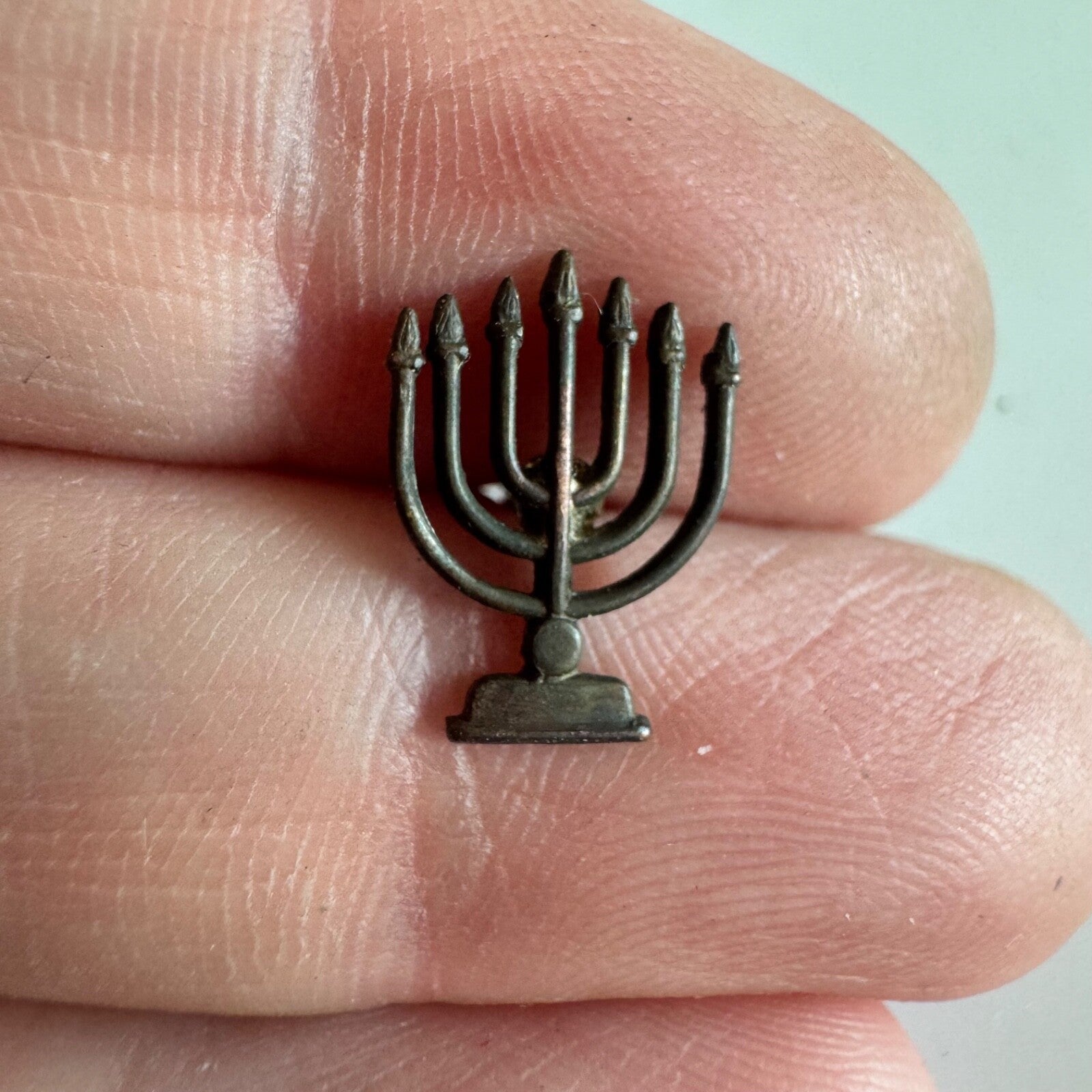 Vintage Mini Bronze Tone Menorah Lapel Pin Tie Tack – Hanukkah Judaism